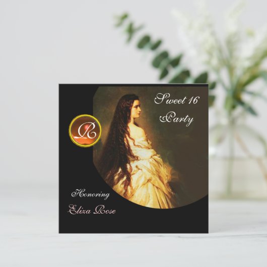 エターナルビューティー、スウィート16 イエロー、ブラック&ホワイト ダマスク 招待状 (スタンド正面)