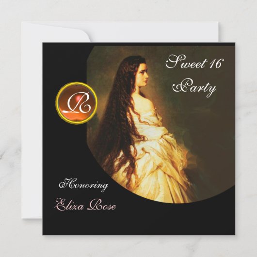 エターナルビューティー、スウィート16 イエロー、ブラック＆ホワイト ダマスク 招待状 (正面)