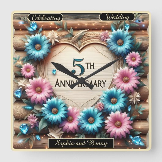 エターナル開花5周年記念フローラお祝い スクエア壁時計 (正面)