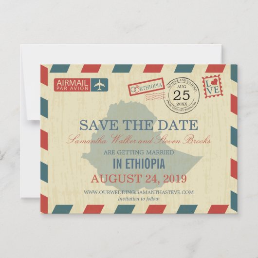 エチオピアアンティークエアメール日付を保存 マグネット招待状 (正面)