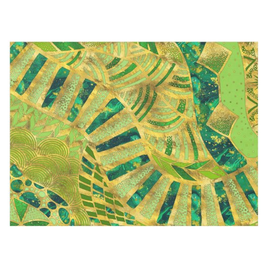 エチック部族オーナメント – 緑と金ゴールド テーブルクロス (正面(横))
