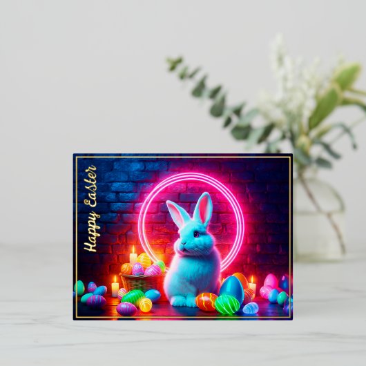 エッグイースターバニーの美異教のしいエレガントネオン 箔シーズンポストカード (立ち正面)