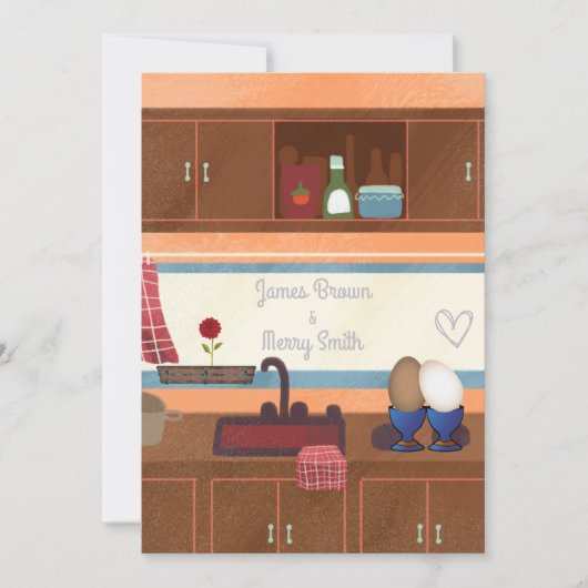 エッグキッチン窓レッドフラワー結婚ハート 招待状 (正面)