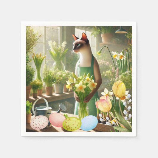 エッグナプキン付きイースターキャット スタンダードカクテルナプキン (正面)