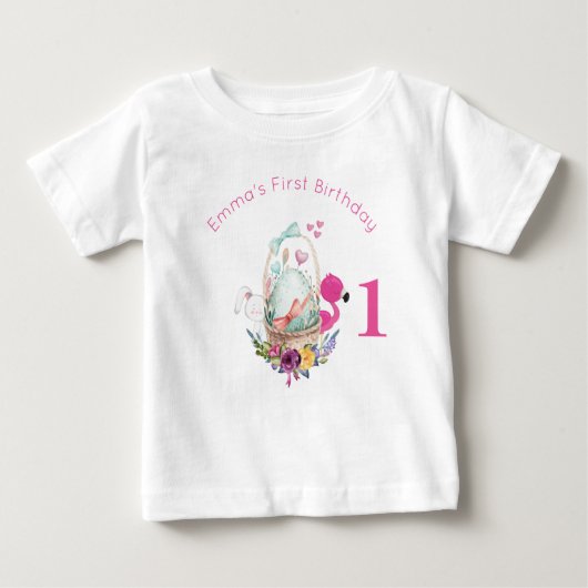 エッグフラミンゴとバニーファースト誕生日 ベビーTシャツ (正面)