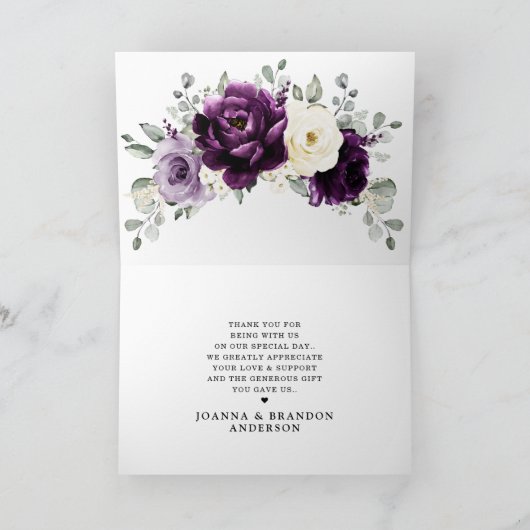 エッグプラントパープルプラムアイボリーホワイトフラワルウェディングサンクスカード サンキューカード (内部)