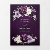 エッグプラントパープルプラムアイボリーホワイトフラワルウェディングトラ 三つ折り案内状 (カバー)