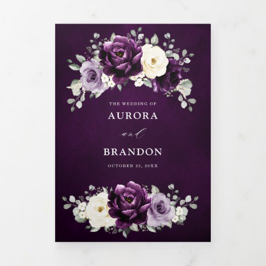 エッグプラントパープルプラムアイボリーホワイトフラワルウェディングトラ 三つ折り案内状 (カバー)