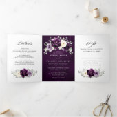 エッグプラントパープルプラムアイボリーホワイトフラワルウェディングトラ 三つ折り案内状 (内部)