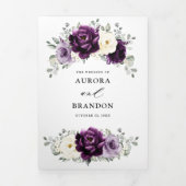 エッグプラントパープルプラムアイボリーホワイトフラワーズウェディング 三つ折り案内状 (カバー)