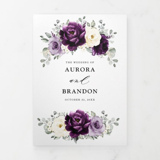エッグプラントパープルプラムアイボリーホワイトフラワーズウェディング 三つ折り案内状 (カバー)