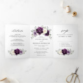 エッグプラントパープルプラムアイボリーホワイトフラワーズウェディング 三つ折り案内状 (内部)