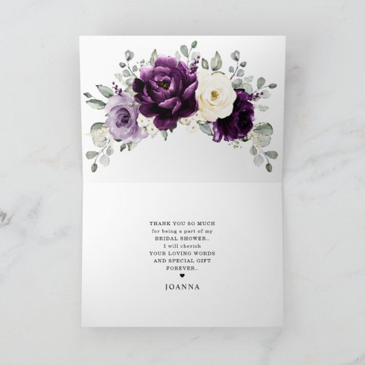 エッグプラントパープルプラムアイボリーホワイト ブライダルシャワーのお礼カード サンキューカード (内部)