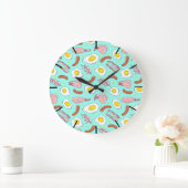 エッグベーコンソーセージKitchen Breakfastフードパターン ラージ壁時計 (ホーム)