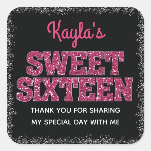 エッジきらめくピンクグリッタールックスウィート16 スクエアシール (正面)
