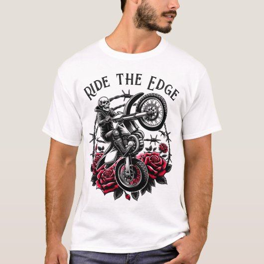 エッジに乗る» Motocrossスカル&バラグラフィック Tシャツ (正面)