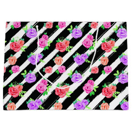 エッジバラモダンとストライプフローラファッションパーティー ラージペーパーバッグ