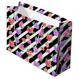 エッジバラモダンとストライプフローラファッションパーティー ラージペーパーバッグ