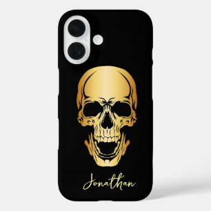 エッジブラック&金ゴールドスカルパターン名前をカスタムする iPhone 16ケース