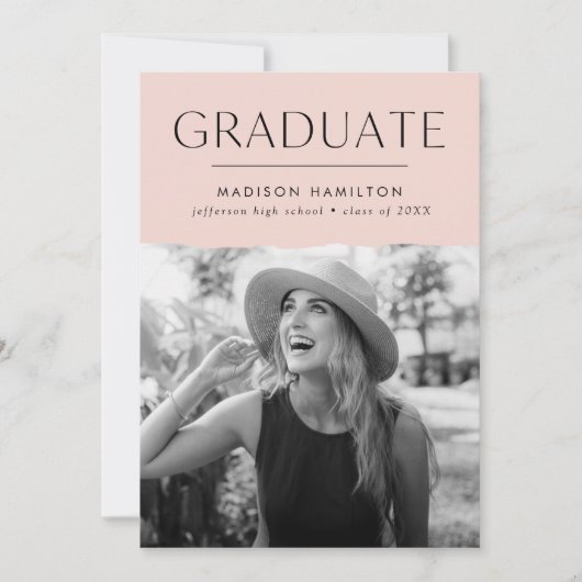 エッジモダン赤面ピンク写真卒業 案内状 (正面)