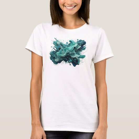 エッジーな青緑色の抽象アートプリント Tシャツ (正面)