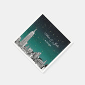 エッチングされたNYCスカイラインシェードティール(緑がかった色)スター結婚リー スタンダードカクテルナプキン (角)