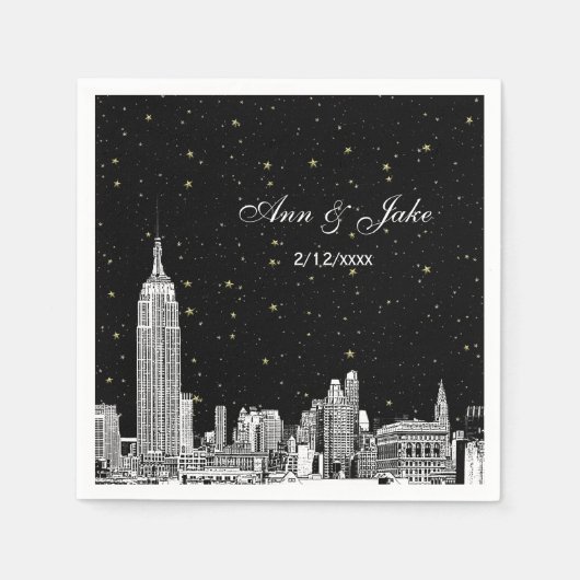 エッチングされたNYCスカイラインスター結婚リーDIY BG スタンダードカクテルナプキン (正面)