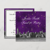 エッチングされたNYCスカイライン#3 パープル ゴールド スター スウィート16 招待状 (正面/裏面)
