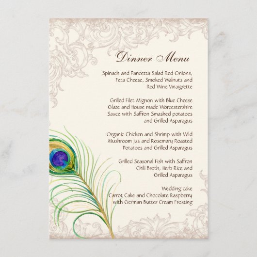 エッチングされる結婚式夕食メニューヴィンテージの孔雀の羽 メニュー (正面)