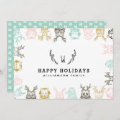 エッチングモダンスタイルウッドランド動物クリスマス シーズンカード (正面/裏面)