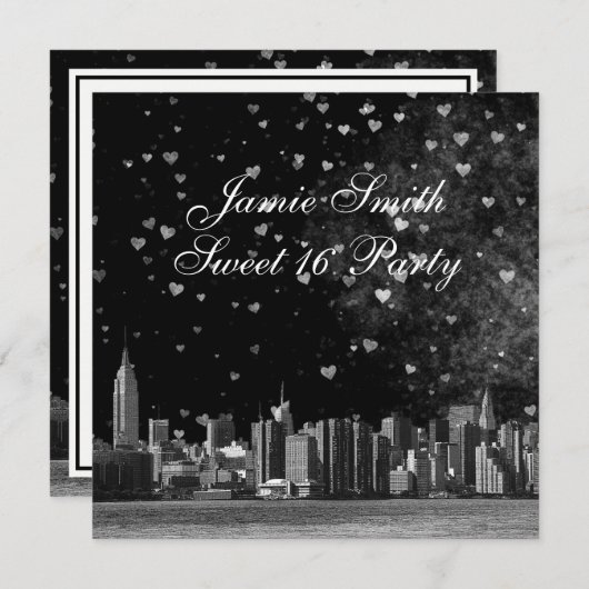 エッチングNYCスカイラインブラックBGホワイトハートスウィート16 招待状 (正面/裏面)