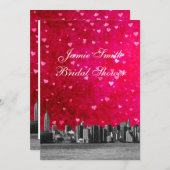 エッチングNYCスカイラインホットパンクレッドブライダルシャワーV 招待状 (正面/裏面)