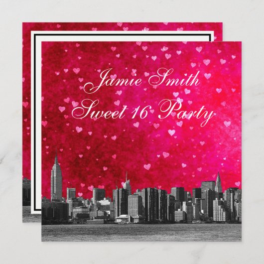 エッチングNYCスカイラインホットピンク赤いハートスイーツ16 招待状 (正面/裏面)