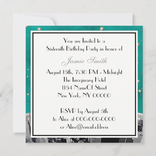 エッチングNYCスカイライン2ティール（緑がかった色）金ゴールドスタースウィート16 招待状 (裏面)