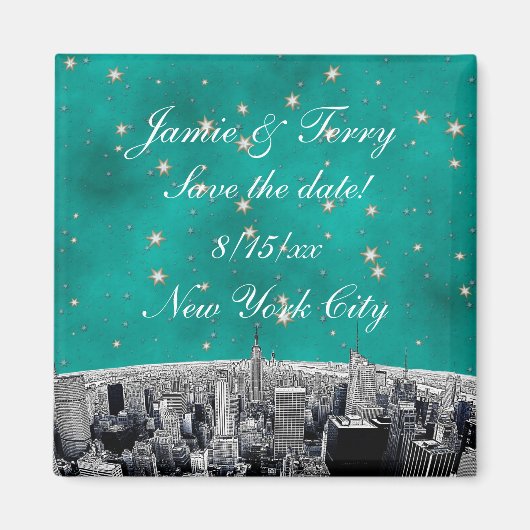 エッチングNYCスカイライン2ティール(緑がかった色)金ゴールドスター救日付 マグネット (正面)