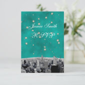 エッチングNYCスカイライン2ティール(緑がかった色)金ゴールドスターRSVP wメニュー 出欠カード (スタンド正面)