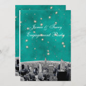 エッチングNYCスカイライン2ティール(緑がかった色)金ゴールドスターV婚約 招待状 (正面/裏面)
