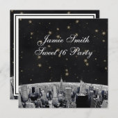 エッチングNYCスカイライン2ブラック金ゴールドスタースウィート16 招待状 (正面/裏面)