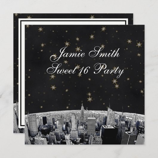 エッチングNYCスカイライン2ブラック金ゴールドスタースウィート16 招待状 (正面/裏面)