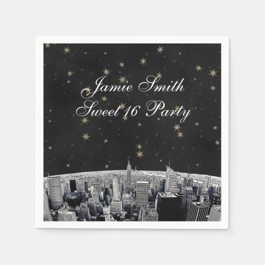 エッチングNYCスカイライン2ブラック金ゴールド星 スタンダードカクテルナプキン (正面)