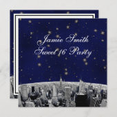 エッチングNYCスカイライン2ブルー金ゴールドスタースウィート16パーティー 招待状 (正面/裏面)
