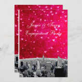 エッチングNYCスカイライン#2ピンク赤いハート婚約V 招待状 (正面/裏面)