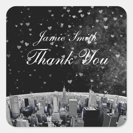 エッチングNYCスカイライン#2白黒ハートありがとう スクエアシール (正面)