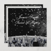 エッチングNYCスカイライン#2白黒ハートスイート16 招待状 (正面/裏面)