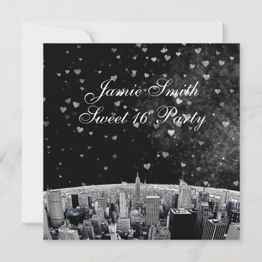 エッチングNYCスカイライン#2白黒ハートスイート16 招待状 (正面)