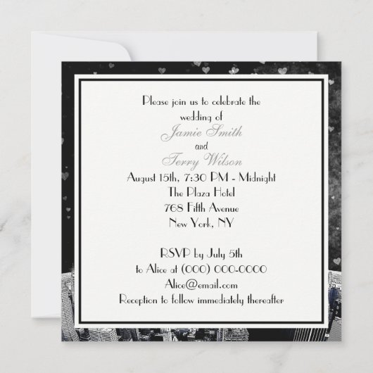 エッチングNYCスカイライン#2白黒結婚ハート 招待状 (裏面)