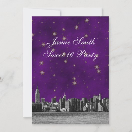 エッチングNYCスカイライン#3パープル金ゴールドスタースイート16 V 招待状 (正面)