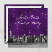 エッチングNYCスカイライン#3パープル金ゴールドスタースウィート16 招待状 (正面/裏面)