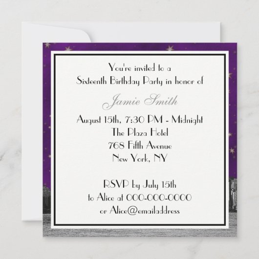 エッチングNYCスカイライン#3パープル金ゴールドスタースウィート16 招待状 (裏面)