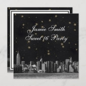エッチングNYCスカイライン#3ブラック金ゴールドスタースウィート16 招待状 (正面/裏面)